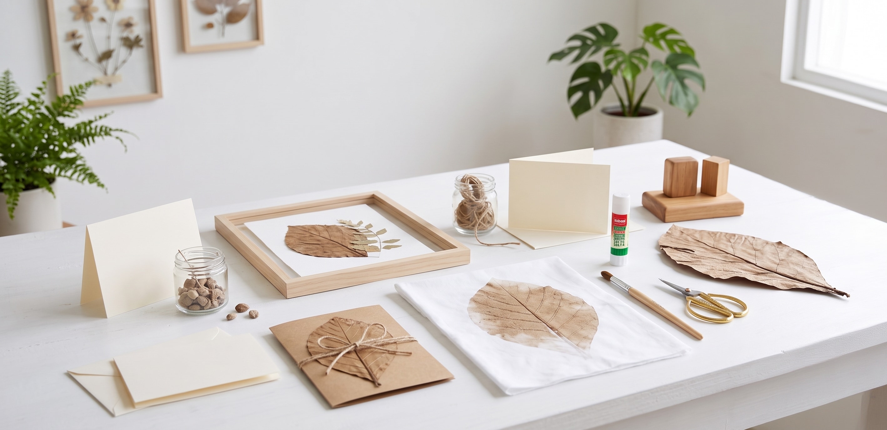 Pressed teak leaves used in craft cards, framed art, and natural decoration