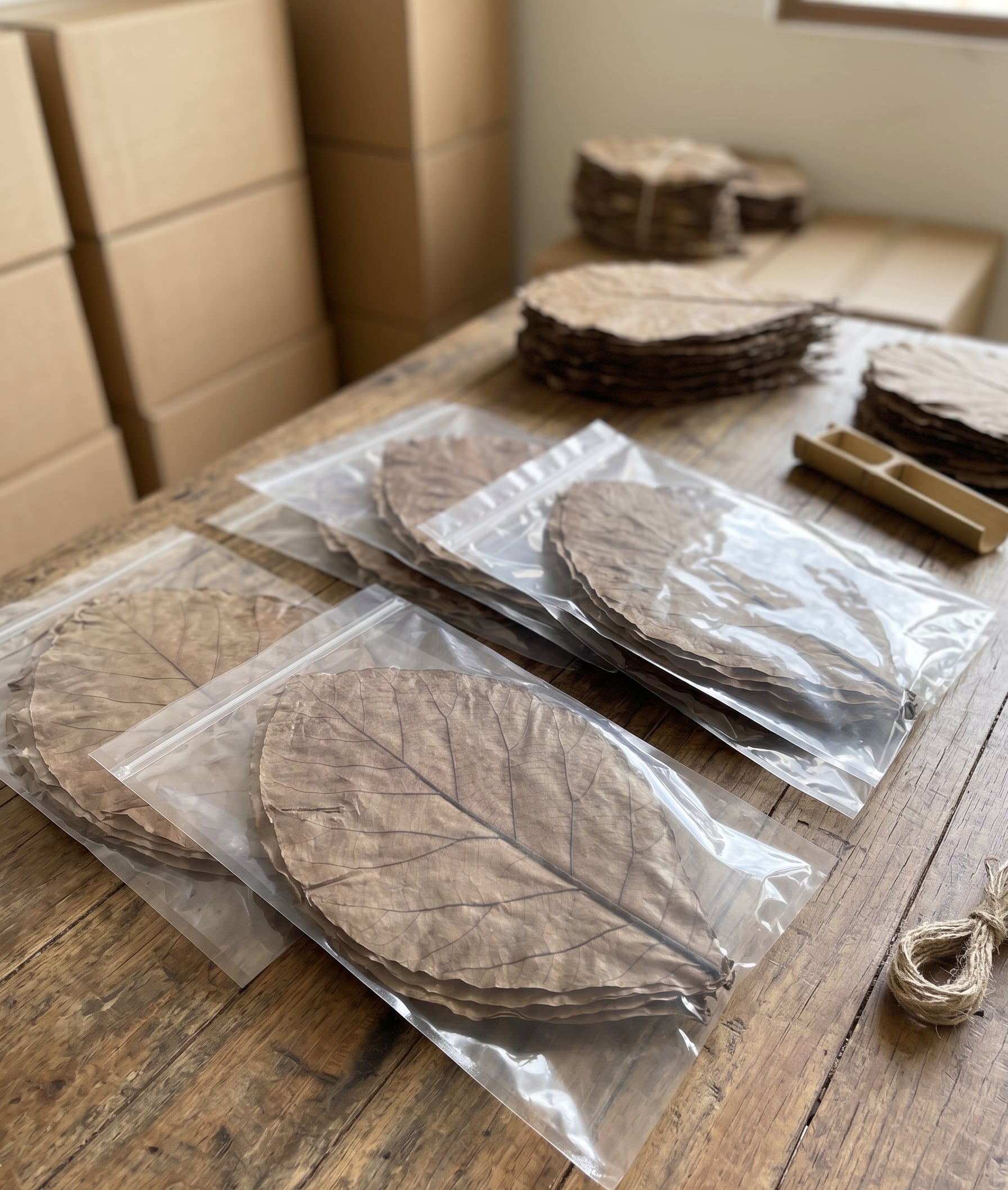 Reseller-ready retail packs of dried teak leaves
