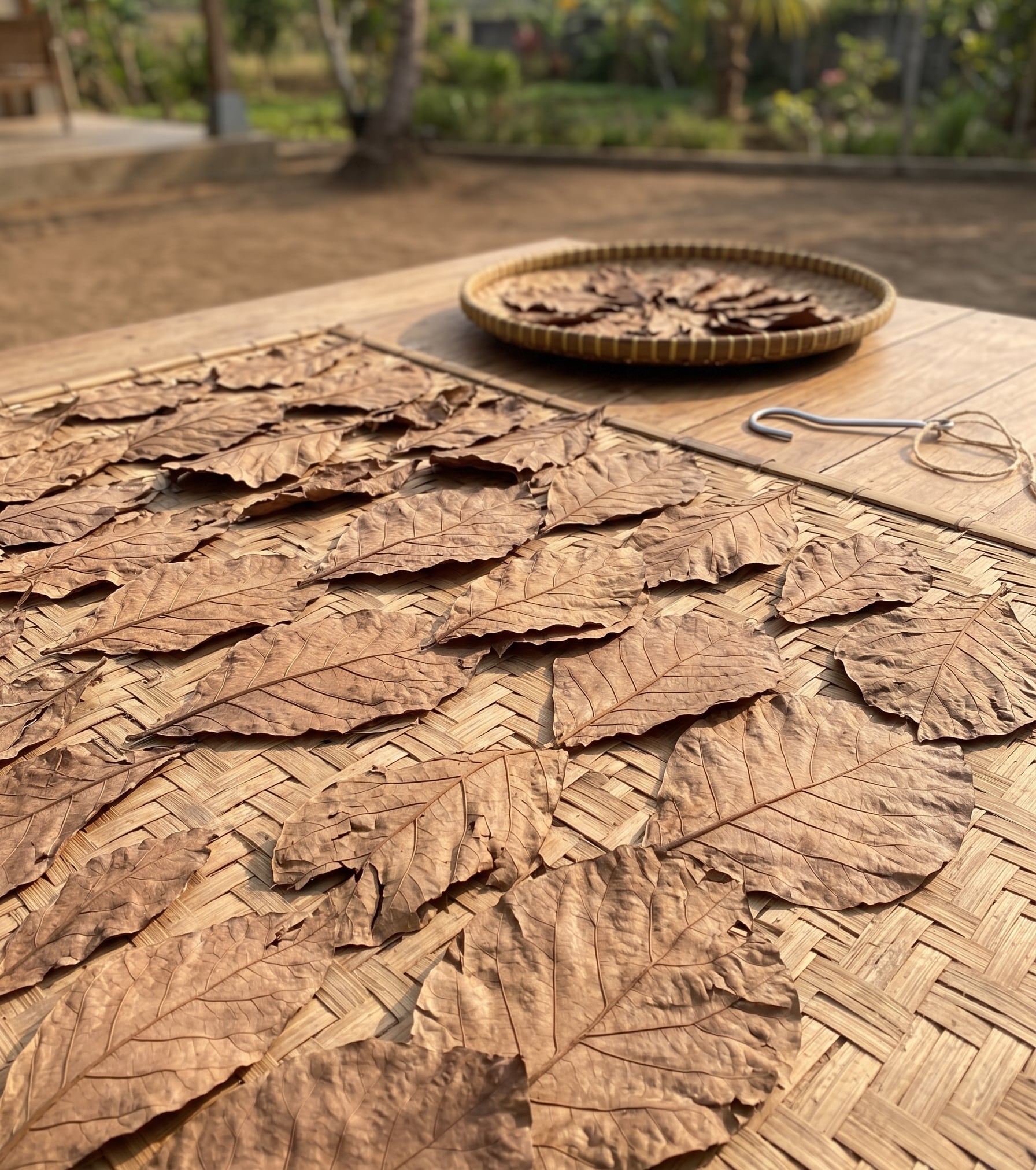 Teak leaves drying naturally in the sun on bamboo mats